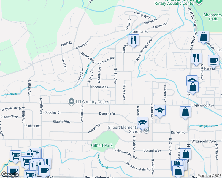 map of restaurants, bars, coffee shops, grocery stores, and more near 5 Crest Circle in Yakima