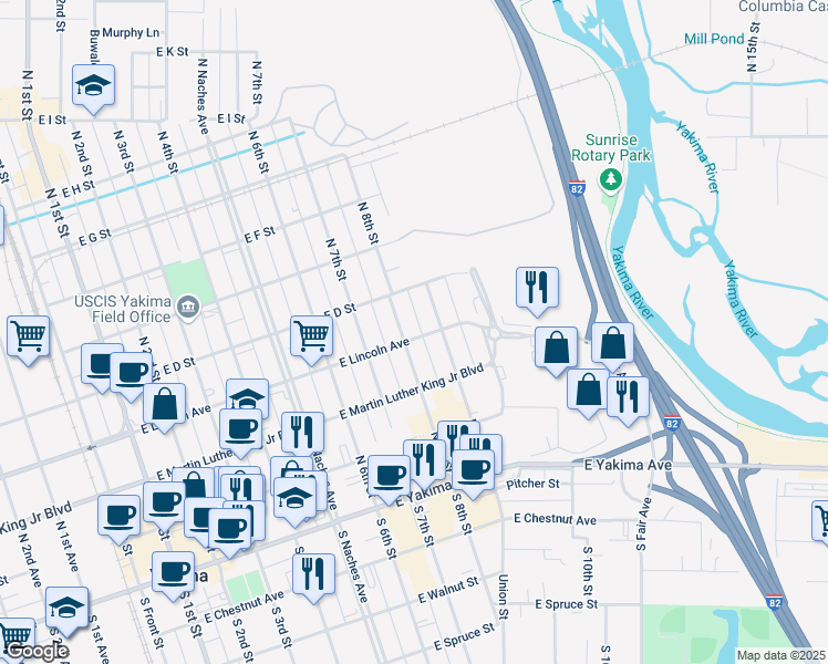map of restaurants, bars, coffee shops, grocery stores, and more near 301 North 8th Street in Yakima