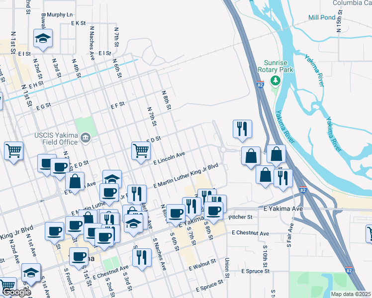 map of restaurants, bars, coffee shops, grocery stores, and more near 301 North 8th Street in Yakima