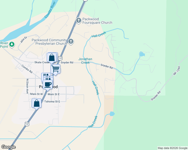 map of restaurants, bars, coffee shops, grocery stores, and more near 121 Powerhouse Rd in Packwood