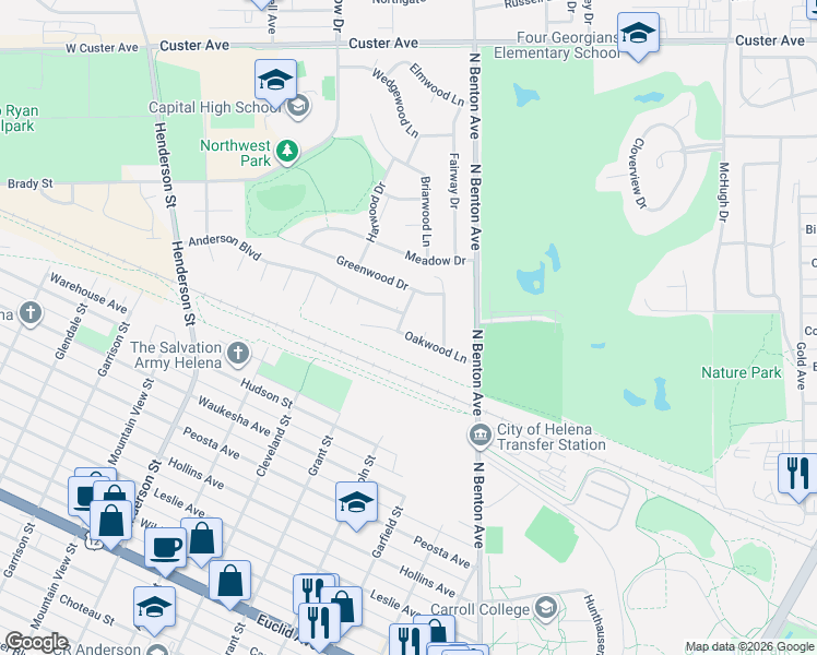 map of restaurants, bars, coffee shops, grocery stores, and more near 100 Oakwood Lane in Helena