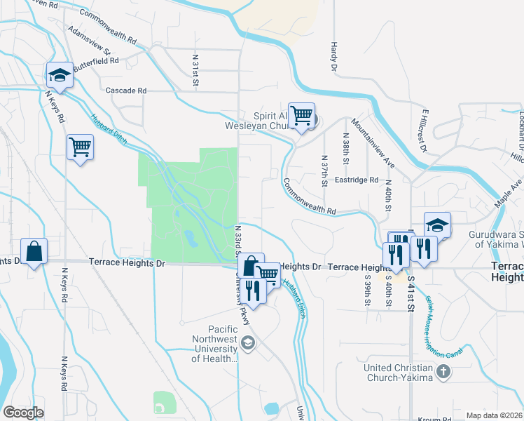 map of restaurants, bars, coffee shops, grocery stores, and more near 407 North 34th Street in Yakima