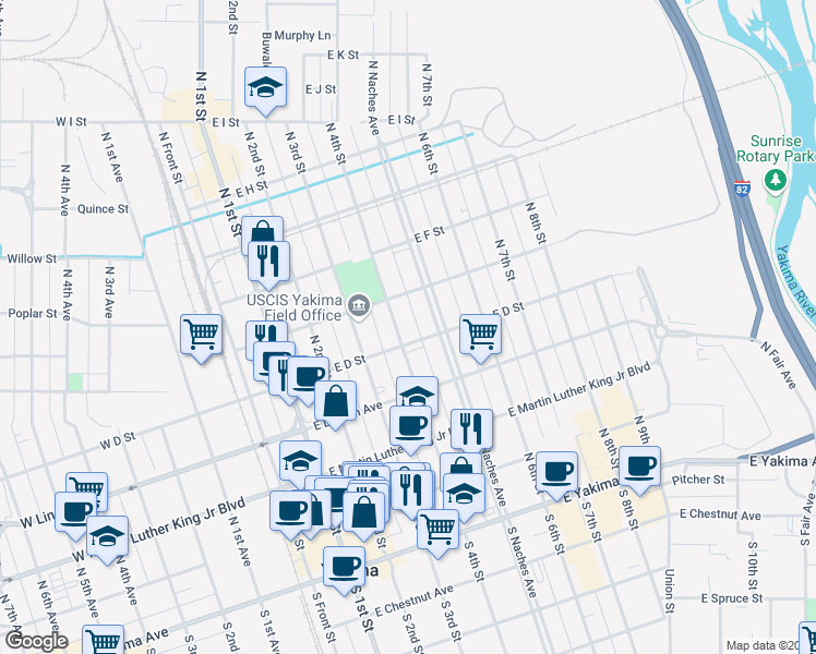 map of restaurants, bars, coffee shops, grocery stores, and more near 408 East E Street in Yakima