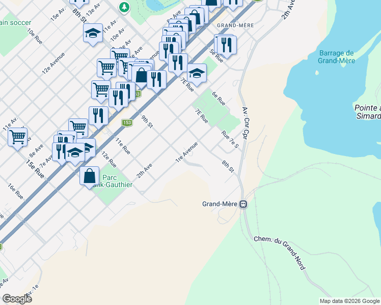 map of restaurants, bars, coffee shops, grocery stores, and more near 857 1re Avenue in Shawinigan