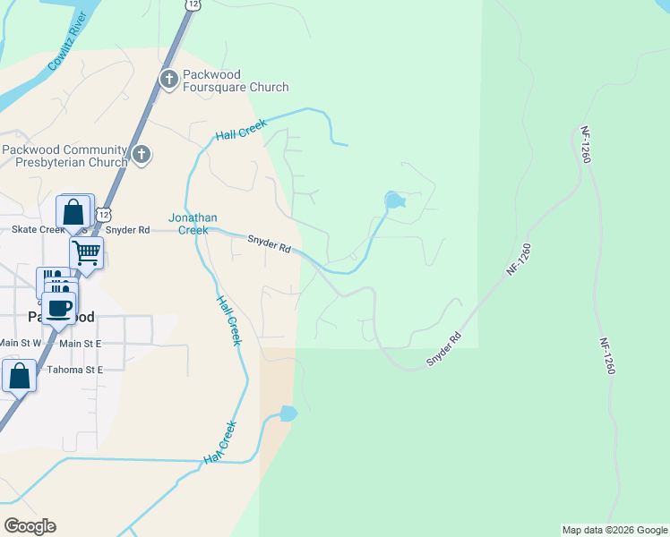 map of restaurants, bars, coffee shops, grocery stores, and more near 109 Hideaway Lane in Packwood