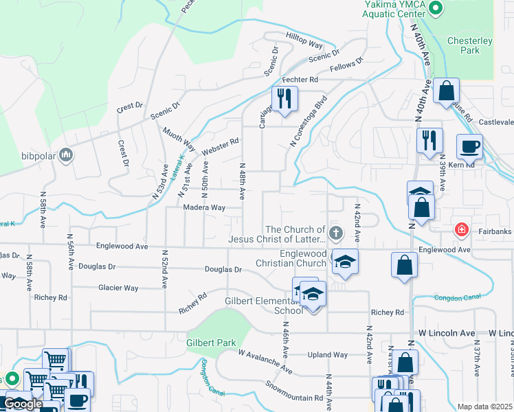 map of restaurants, bars, coffee shops, grocery stores, and more near 4712 Conestoga Boulevard in Yakima