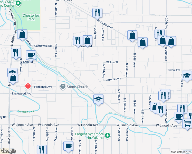 map of restaurants, bars, coffee shops, grocery stores, and more near 2806 Swan Avenue in Yakima