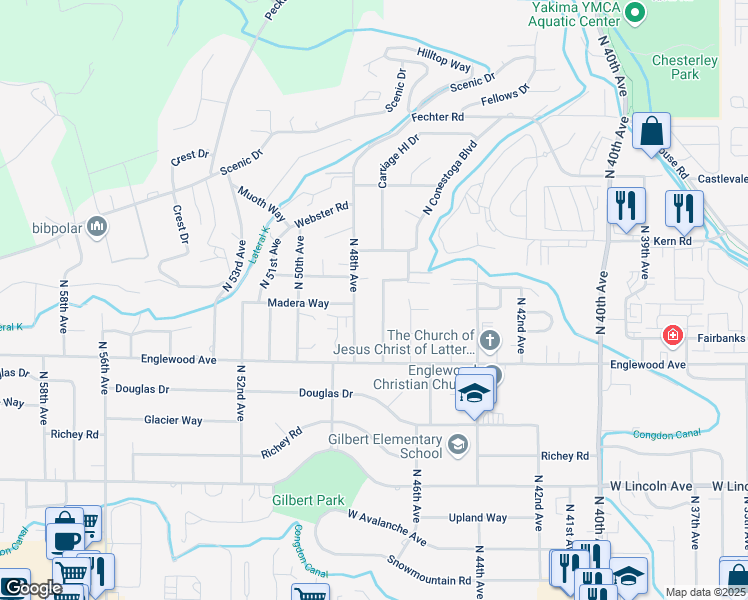 map of restaurants, bars, coffee shops, grocery stores, and more near 4712 Conestoga Boulevard in Yakima