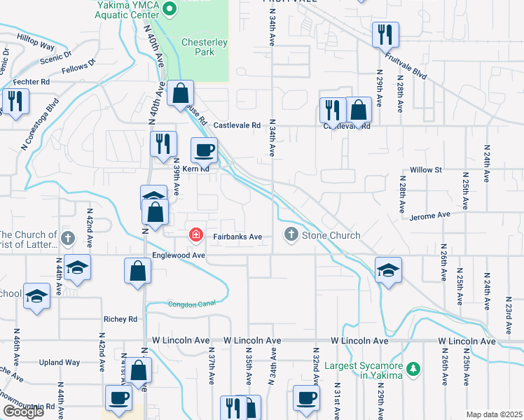 map of restaurants, bars, coffee shops, grocery stores, and more near 620 North 34th Avenue in Yakima