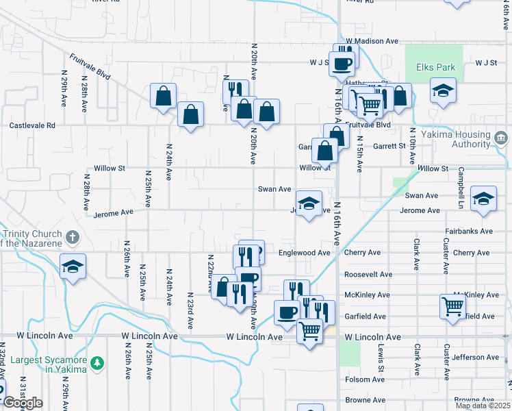 map of restaurants, bars, coffee shops, grocery stores, and more near 709 North 20th Avenue in Yakima