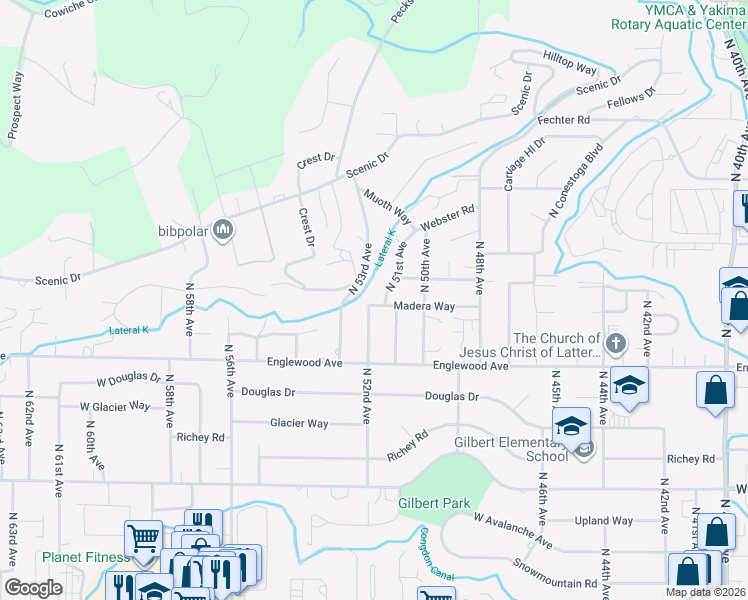 map of restaurants, bars, coffee shops, grocery stores, and more near 709 North 53rd Avenue in Yakima