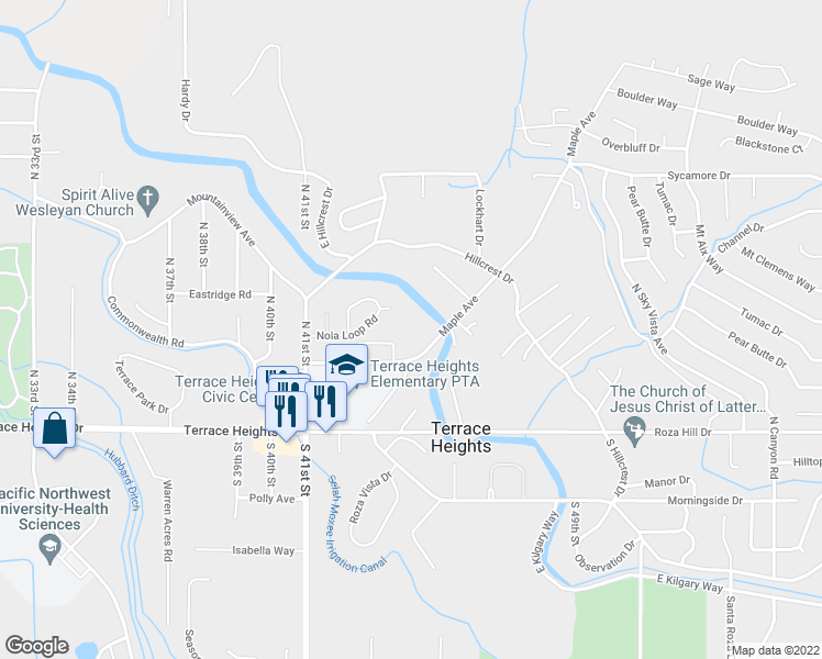 map of restaurants, bars, coffee shops, grocery stores, and more near 4400 Maple Avenue in Yakima