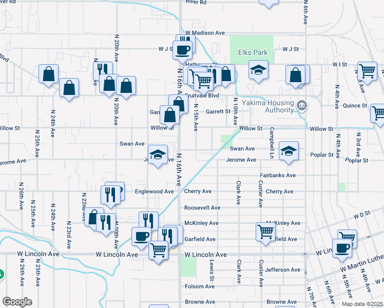 map of restaurants, bars, coffee shops, grocery stores, and more near 708 North 15th Avenue in Yakima