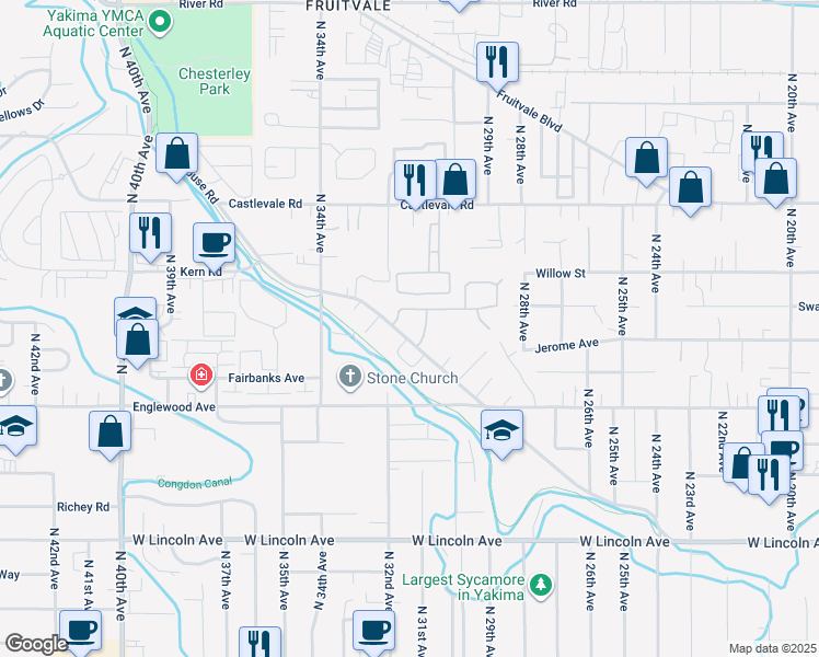 map of restaurants, bars, coffee shops, grocery stores, and more near 3109 Powerhouse Road in Yakima