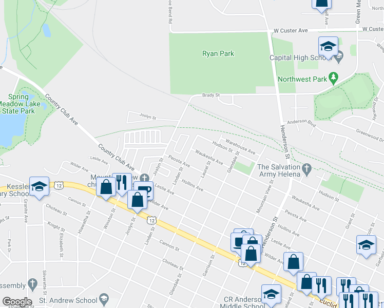 map of restaurants, bars, coffee shops, grocery stores, and more near 1829 Waukesha Avenue in Helena