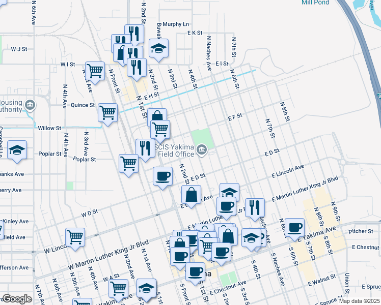 map of restaurants, bars, coffee shops, grocery stores, and more near 221 East E Street in Yakima