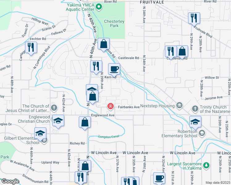 map of restaurants, bars, coffee shops, grocery stores, and more near 3710 Kern Road in Yakima