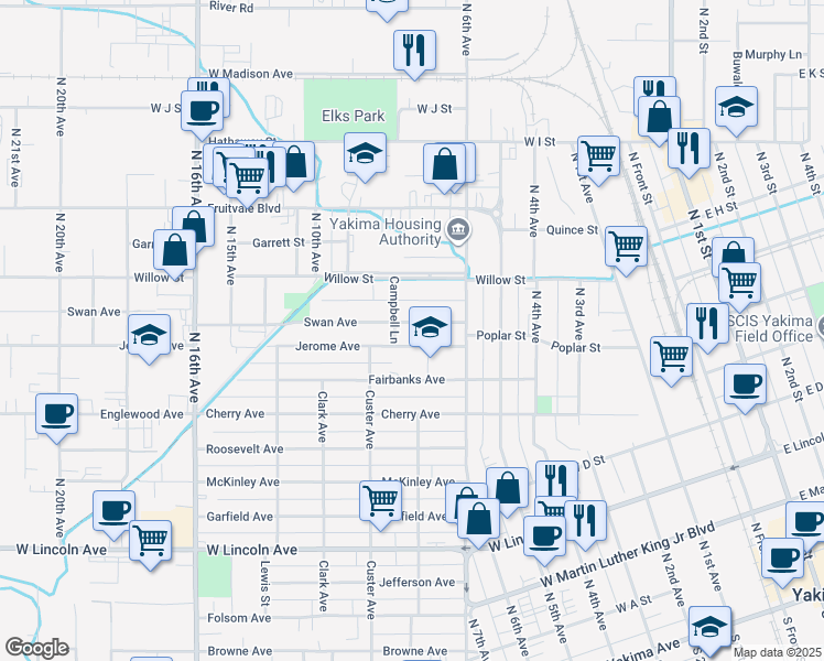 map of restaurants, bars, coffee shops, grocery stores, and more near 1118 Swan Avenue in Yakima