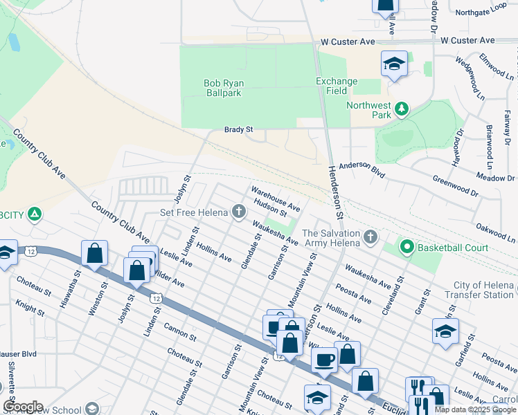map of restaurants, bars, coffee shops, grocery stores, and more near 1710 Hudson St in Helena