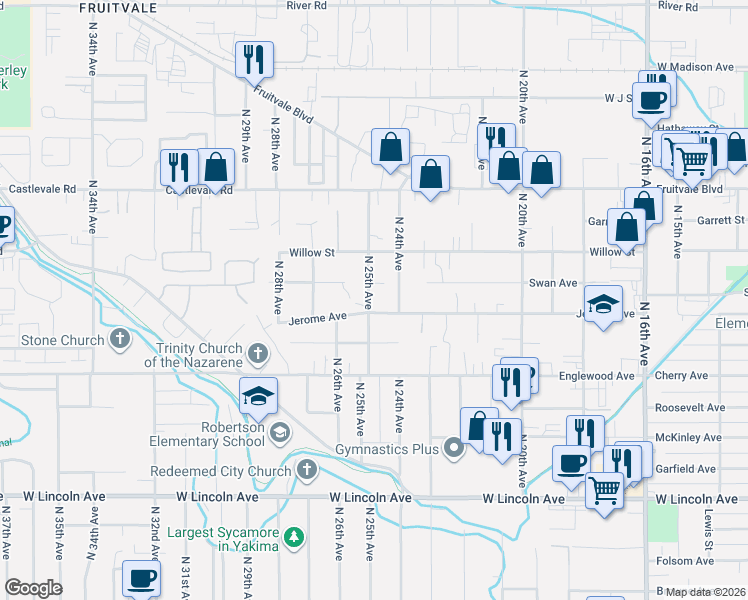 map of restaurants, bars, coffee shops, grocery stores, and more near 704 North 24th Avenue in Yakima