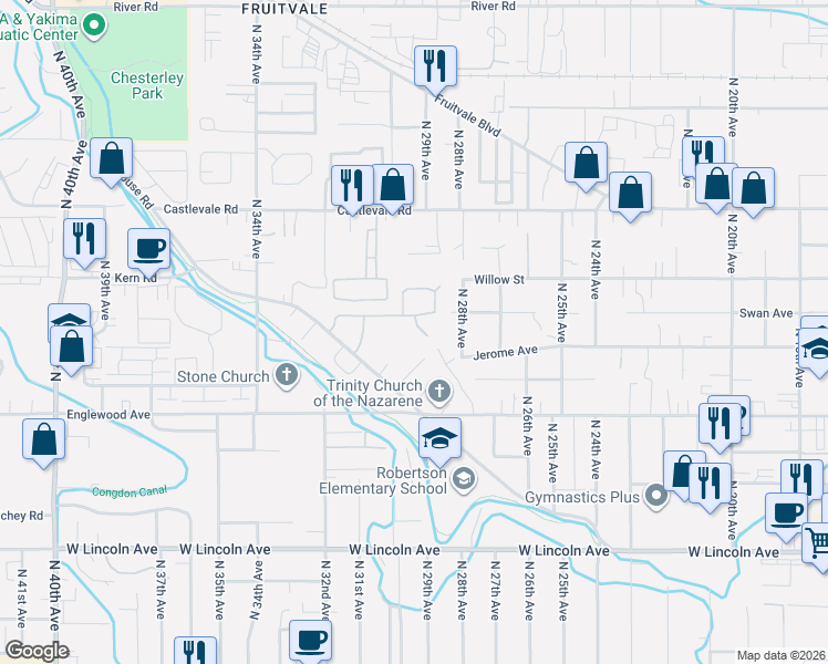 map of restaurants, bars, coffee shops, grocery stores, and more near 2806 Swan Avenue in Yakima