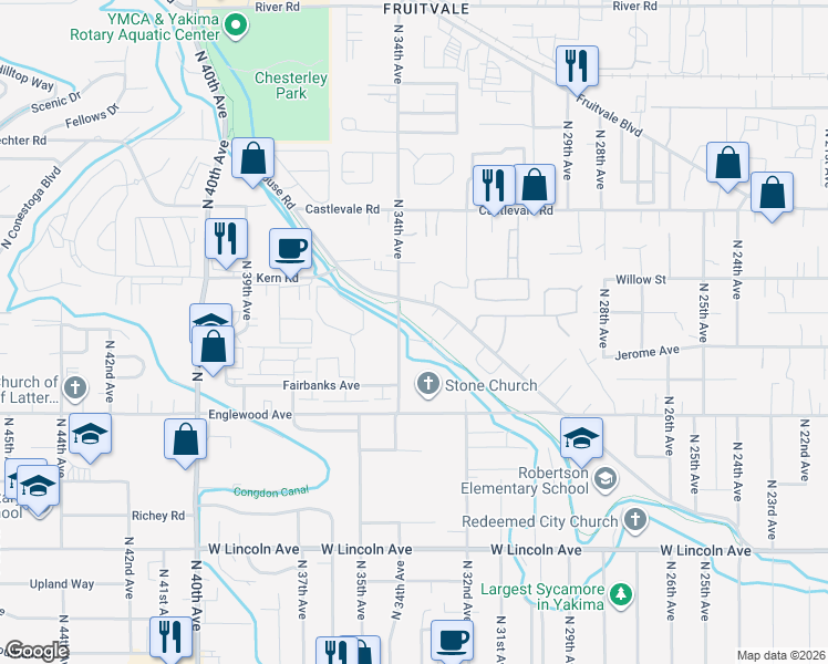 map of restaurants, bars, coffee shops, grocery stores, and more near 3304-3306 Powerhouse Road in Yakima
