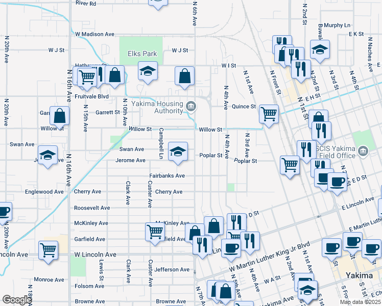 map of restaurants, bars, coffee shops, grocery stores, and more near 1102 Swan Avenue in Yakima