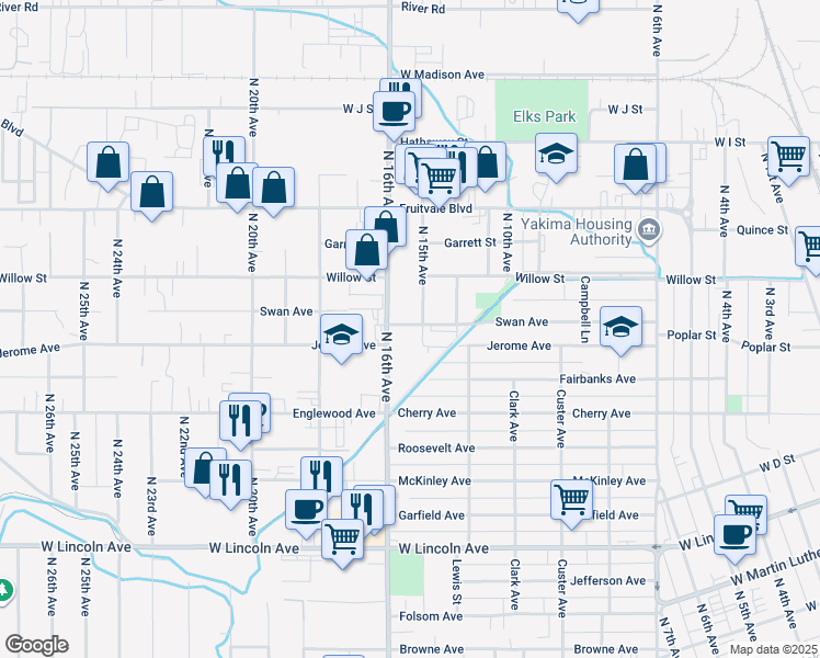map of restaurants, bars, coffee shops, grocery stores, and more near 708 North 15th Avenue in Yakima