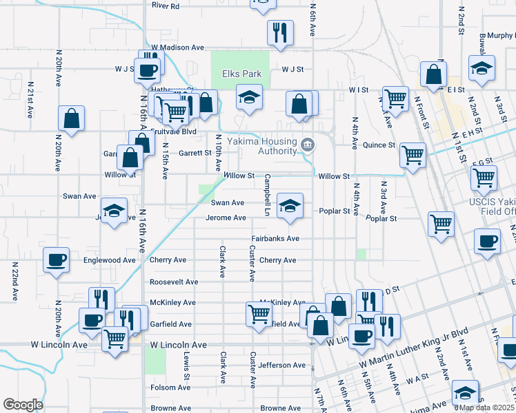 map of restaurants, bars, coffee shops, grocery stores, and more near 1200 Swan Avenue in Yakima