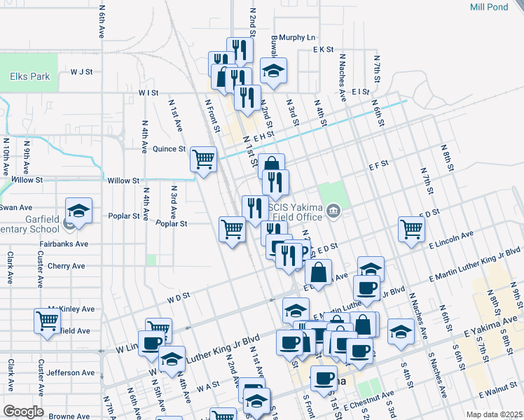map of restaurants, bars, coffee shops, grocery stores, and more near 516 N 1st St in Yakima