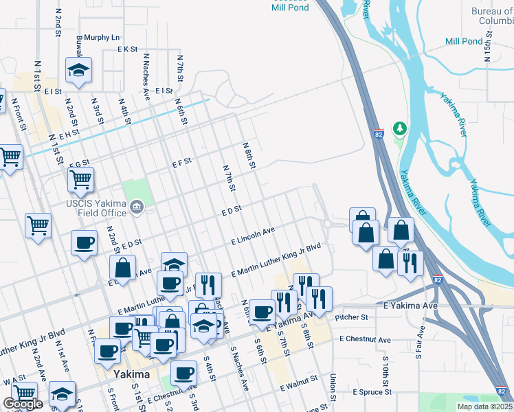 map of restaurants, bars, coffee shops, grocery stores, and more near 316 N 8th St in Yakima
