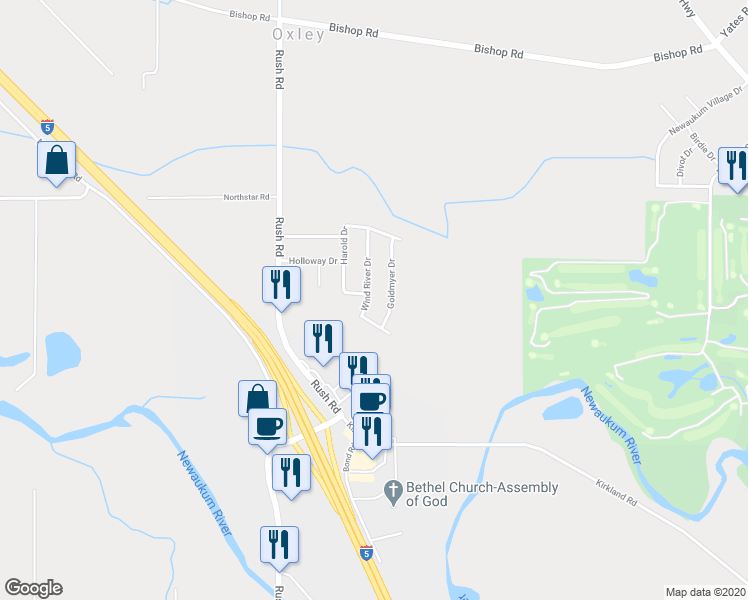 map of restaurants, bars, coffee shops, grocery stores, and more near 201 Wind River Drive in Chehalis