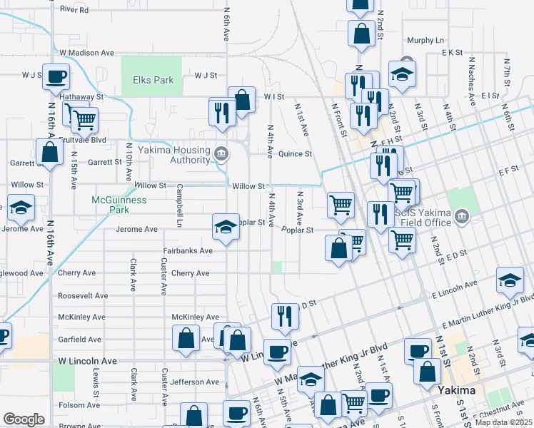 map of restaurants, bars, coffee shops, grocery stores, and more near 706 N 4th Ave in Yakima