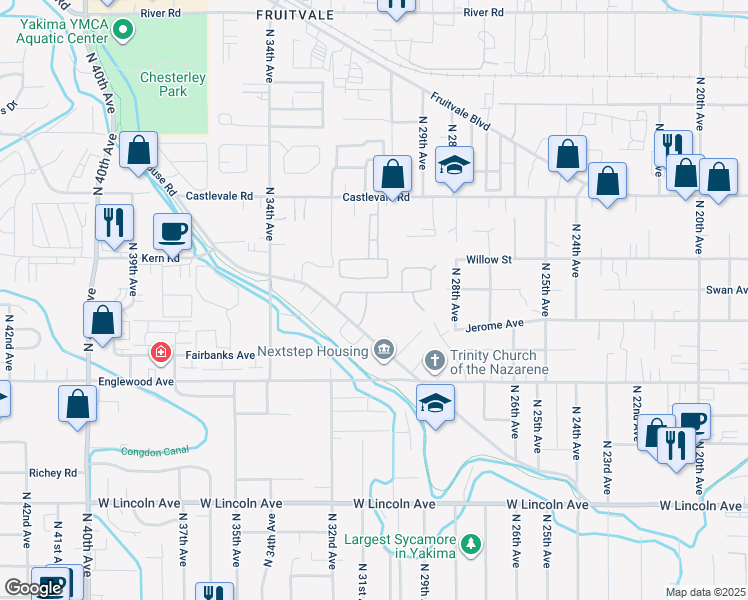 map of restaurants, bars, coffee shops, grocery stores, and more near 712 North 30th Avenue in Yakima