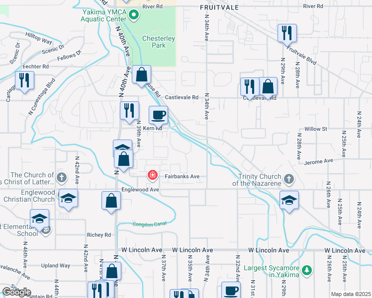 map of restaurants, bars, coffee shops, grocery stores, and more near 3601 Fairbanks Avenue in Yakima