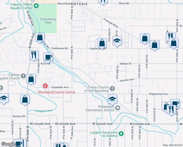 map of restaurants, bars, coffee shops, grocery stores, and more near 3109 Powerhouse Road in Yakima