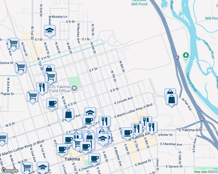 map of restaurants, bars, coffee shops, grocery stores, and more near 405 North 6th Street in Yakima