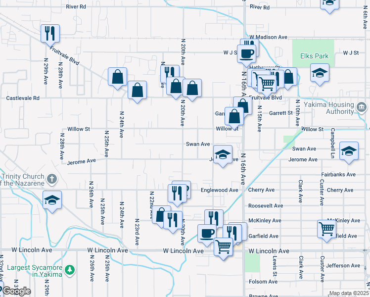 map of restaurants, bars, coffee shops, grocery stores, and more near 709 N 20th Ave in Yakima