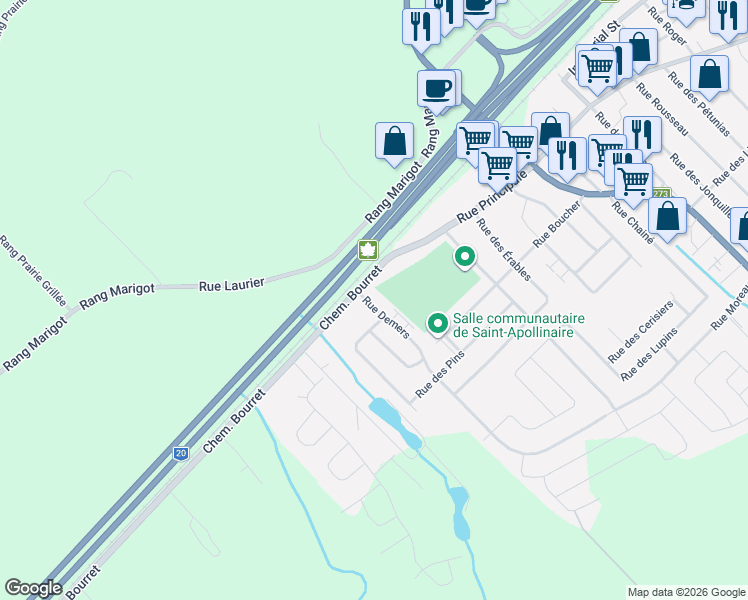 map of restaurants, bars, coffee shops, grocery stores, and more near 1 Rue Demers in Saint-Apollinaire