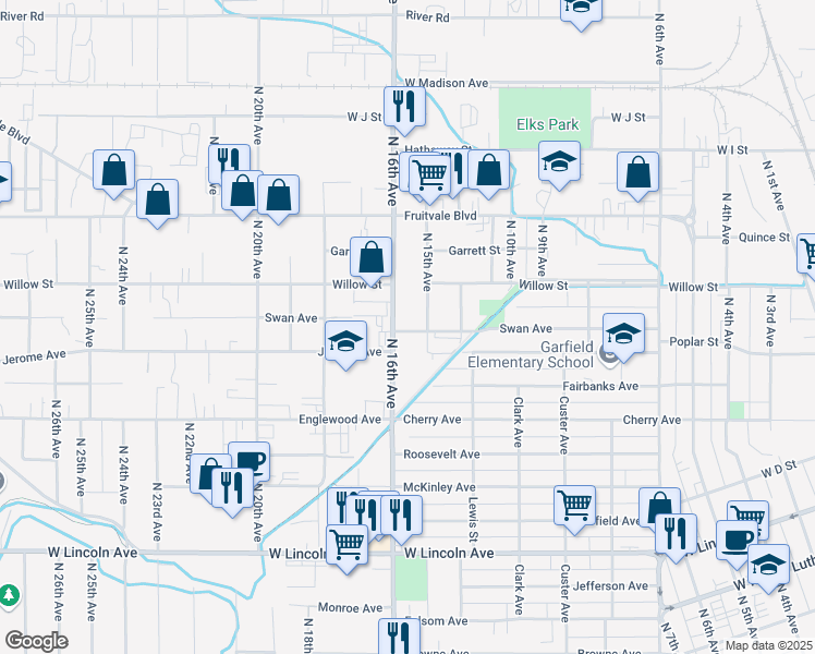 map of restaurants, bars, coffee shops, grocery stores, and more near 1509 Swan Avenue in Yakima