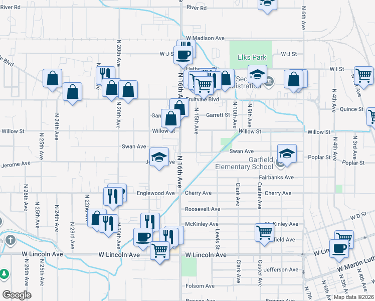map of restaurants, bars, coffee shops, grocery stores, and more near 708 North 15th Avenue in Yakima