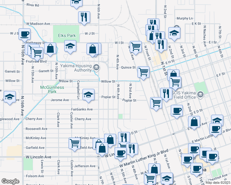 map of restaurants, bars, coffee shops, grocery stores, and more near 706 North 4th Avenue in Yakima