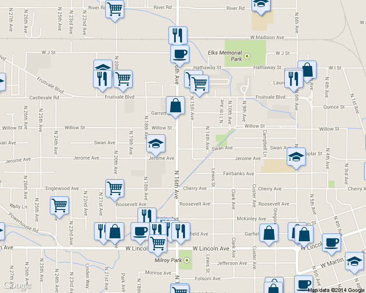 map of restaurants, bars, coffee shops, grocery stores, and more near 708 North 15th Avenue in Yakima