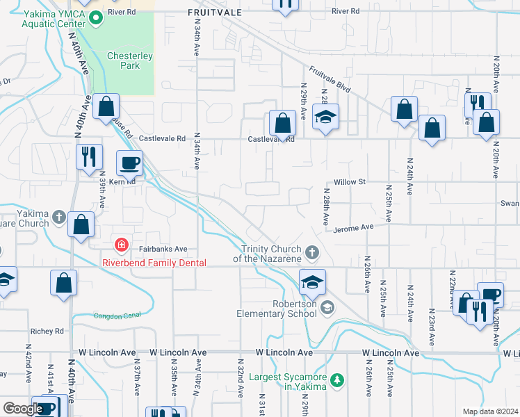 map of restaurants, bars, coffee shops, grocery stores, and more near 3109 Powerhouse Road in Yakima