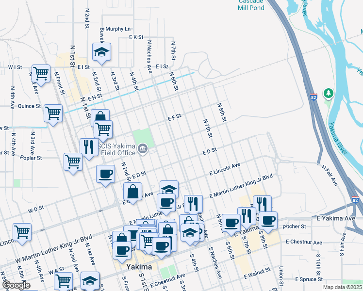 map of restaurants, bars, coffee shops, grocery stores, and more near 411 North Naches Avenue in Yakima