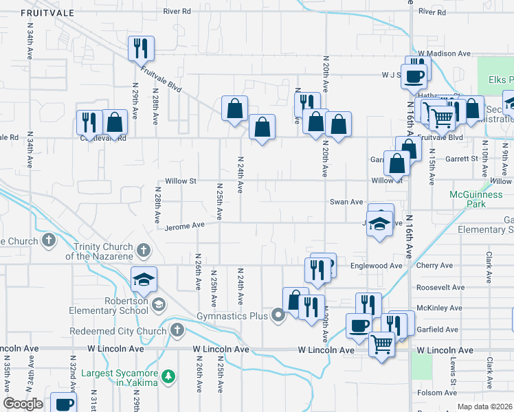 map of restaurants, bars, coffee shops, grocery stores, and more near 2302 Swan Avenue in Yakima