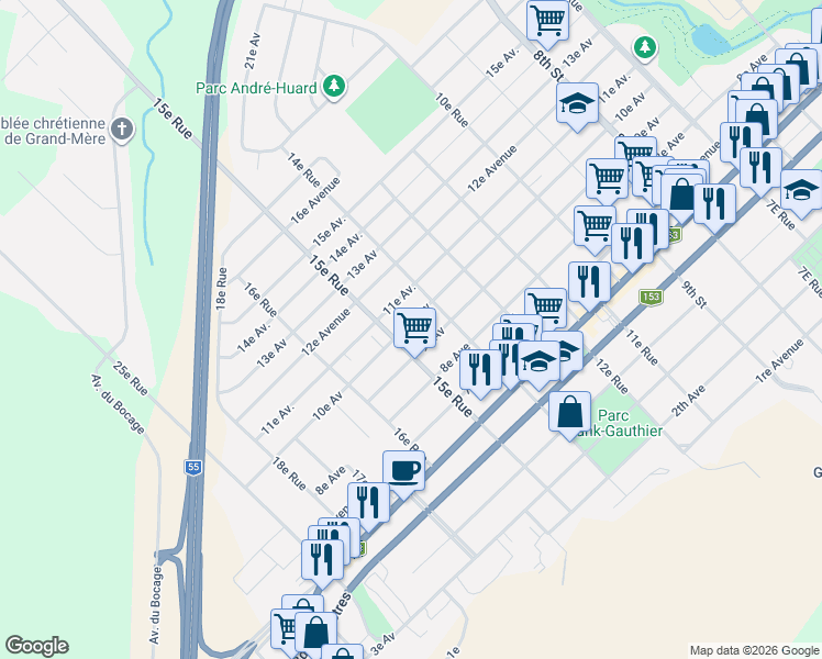 map of restaurants, bars, coffee shops, grocery stores, and more near 1461 10e Av in Shawinigan