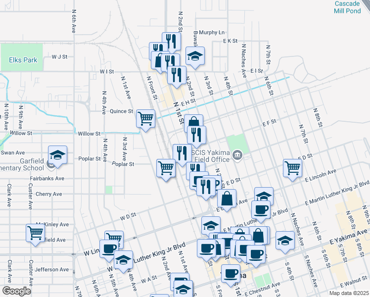 map of restaurants, bars, coffee shops, grocery stores, and more near 602 North 1st Street in Yakima