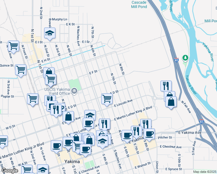 map of restaurants, bars, coffee shops, grocery stores, and more near 405 N 6th St in Yakima