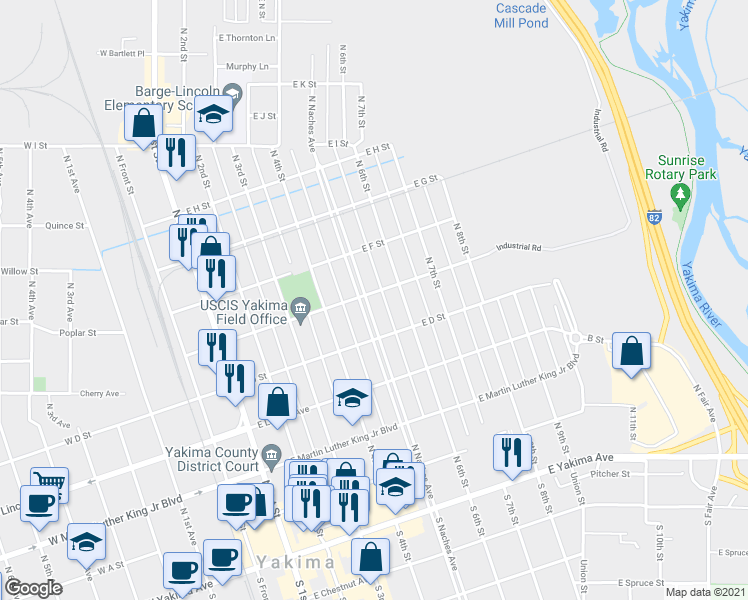 map of restaurants, bars, coffee shops, grocery stores, and more near 411 North Naches Avenue in Yakima